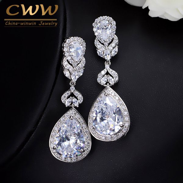 

cwwzircons элегантный water drop shaped цирконий кристалл люкс длинные серьги свадебные украшения для невесты cz166, Silver
