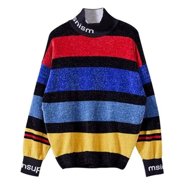 

korean turtleneck sweater men pullover streetwear modis knit christmas man sweater casual stripe harajuku sueter hombre rainbow, White;black