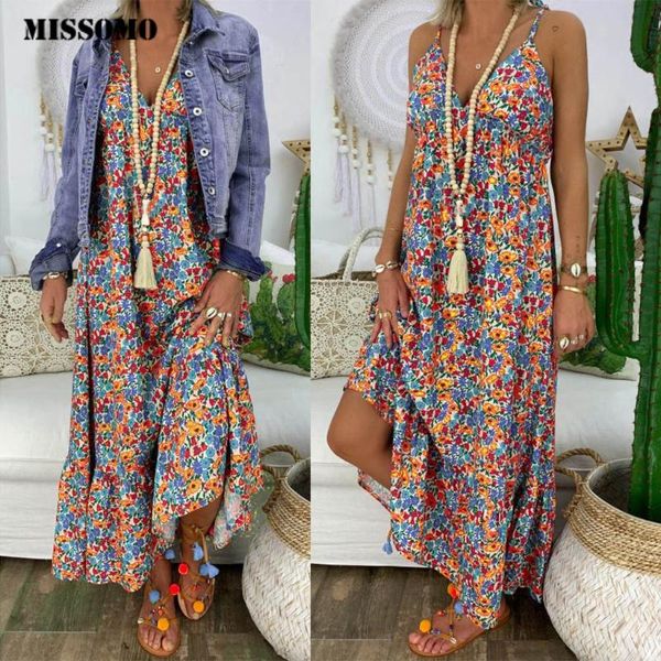 

missomo s-5xl dress women casual loose plus size summer maxi dress floral print sleeveless bandage vestidos vintage long dresses, Black;gray