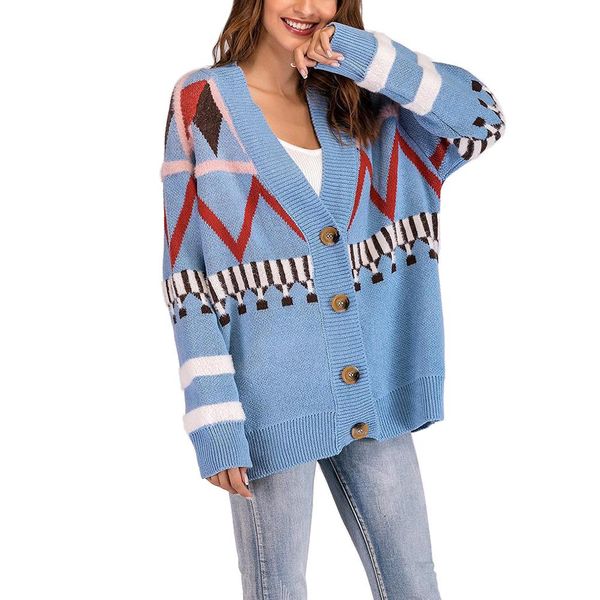 

winter women geometric print oversized long sleeve jacquard knitÂ cardigan coat, White;black