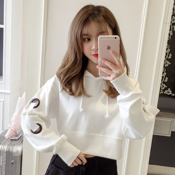 

plus size femme harajuk korean pullover long sleeve short hoodies sweatshirt women casual loose studernt white women hooded, Black
