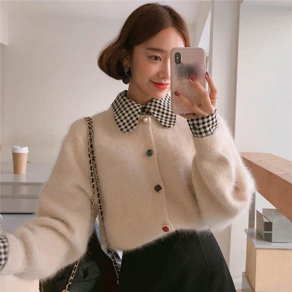 

2020 korea women solid loose cardigans sweet gril super fairy cashmere outwear casual lady single breasted sweater, White