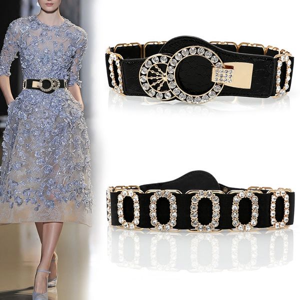 

new fashion diamond flower womens belt rhinestones elastic waistband girdle cummerbund wide stretch buckle cummerbunds, Black;brown
