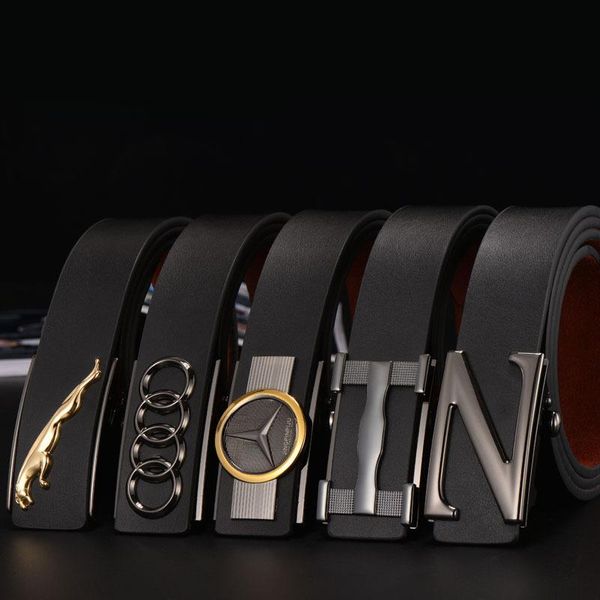 

fashion casual car logo belt men's audi benz leopard head automatic buckle leather belt leather business belt, Black;brown