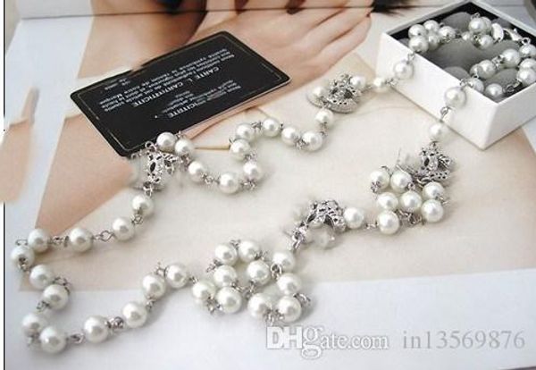 

new with box luxury women's female's ladies stamped hollow out pearls long necklaces sweater chains 2colors, Silver