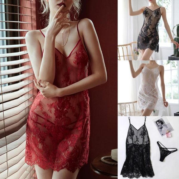 

summer lace night dress v-neck sleepwear nightie perspective mesh mini skirt ladies nightgown backless porno lingerie, Black;red