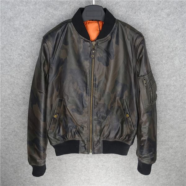 

new 2018 spring autumn fall men's genuine sheepskin lamb leather coat thin jacket for male camouflage print casual plus size, Black