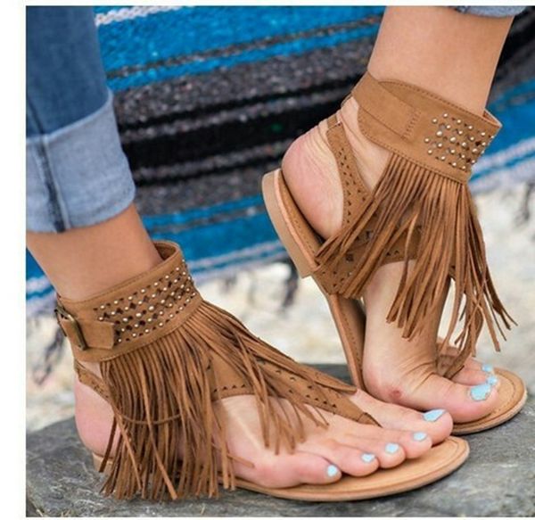 

fashion nice summer women sandals fashion fringe women summer shoes beach ankle strap flats sandals plus size 35-53, Black