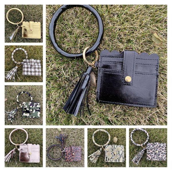 

women pu leather case bags wristlets wallet card slot holder ks tassel leopard bracelet keychains purses bag circle bangle wristband e22905, White