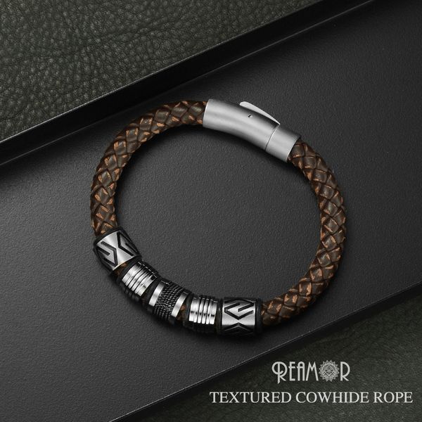 

reamor new classic men hand-craft genuine leather bracelet stainless steel matte button clasp bangles jewelry dropshipping, Golden;silver