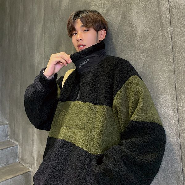 

winter thick lamb lamb hoodie men's fashion contrast color casual hoodies man streetwear wild hip hop loose sweatshirt male, Black