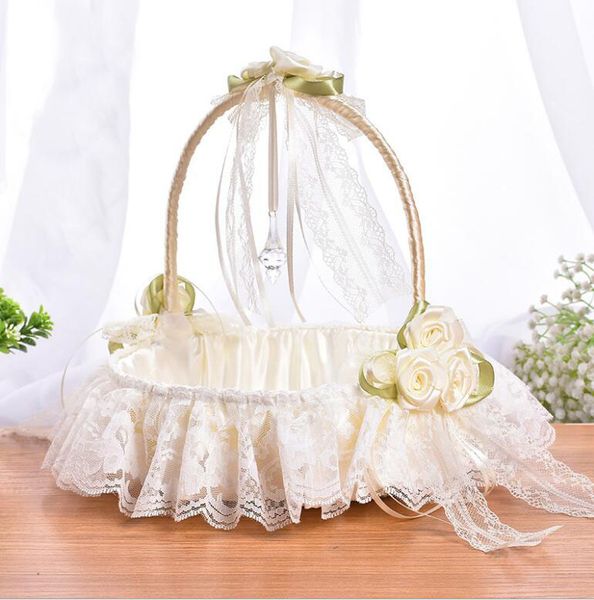 2020 Cream Lace Wedding Flower Basket With Elegant Rose Flower