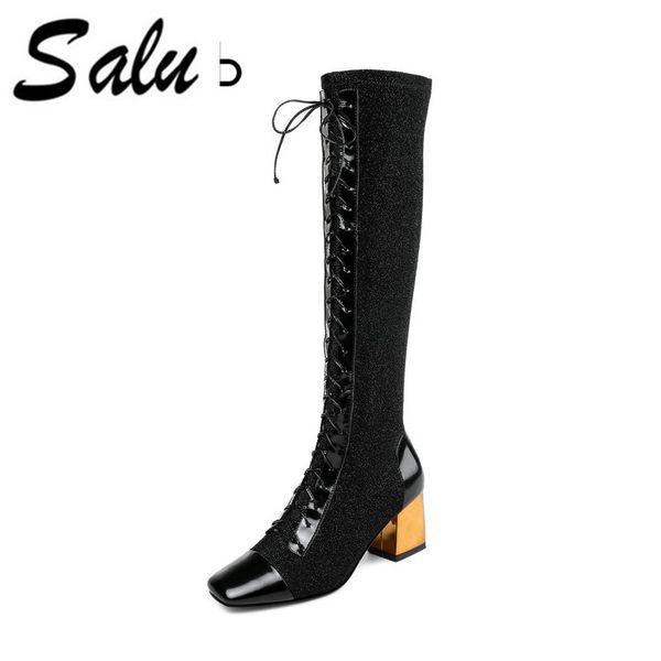 

salu 2019 new women over the knee high boots genuine leather fashion lace up pointed toe all match women motorcycle boots, Black