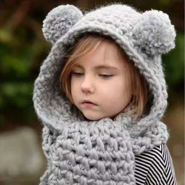 

autumn winter children's hat scarf 2-in-1 big ball hand-knitted hat baby knitting hat, Blue;gray