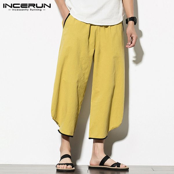 

incerun men cotton linen harem pants casual joggers vintage streetwear chic ankle length pants patchwork 2020 wide leg trousers, Black