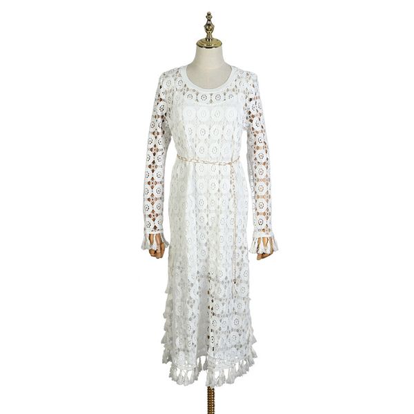 

casual dresses [menkay] two-piece set hollow out lace maxi dress tassel long sleeve round neck belt waisted 2021 fashion clothing, Black;gray