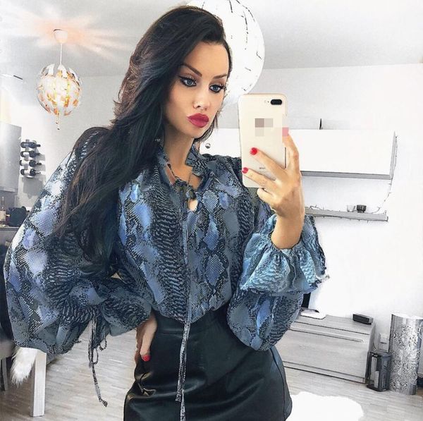 

chin woman korea fashion clothing blue snake print blouses personality female loose ladies shirt long lantern sleeve shirt, White