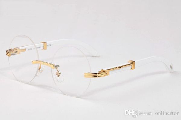 

2017 brand designer round sunglasses white rimless buffalo horn glasses men women fashion brown black clear lens wood sunglasses, White;black