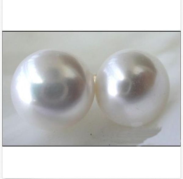 

genuine 14-15mm +++ white south sea pearl earring 14k yellow gold, Golden;silver