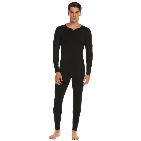 

men long sleeve sleepwear solid notched nightwear pajamas set thermal underwear regular full length pockets black gray, Black;brown