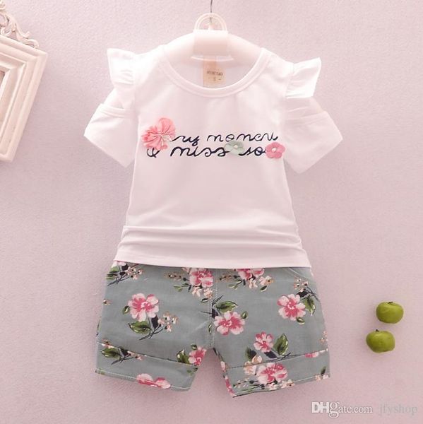 

детские девушки комплект одежды весенние цветы короткие рукава рубашки + брюки новорожденный ребенок бег трусцой костюмы, White