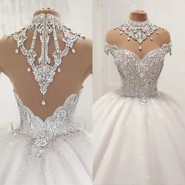 

luxury ball gown wedding dresses with sheer neck cap sleeves beads crystal neck high wedding gowns back zipper robe de mariee, White