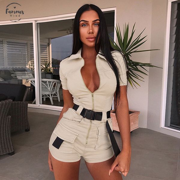 

woman clothes womens jumpsuit label turn down collar belted playsuit short sleeve detachable belt black beige drop shipping, Black;white