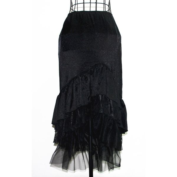 

women's slim fitting shinning solid black high-rise hi-lo silky fishtail skirt with lace hem finished high stretch party club wearing