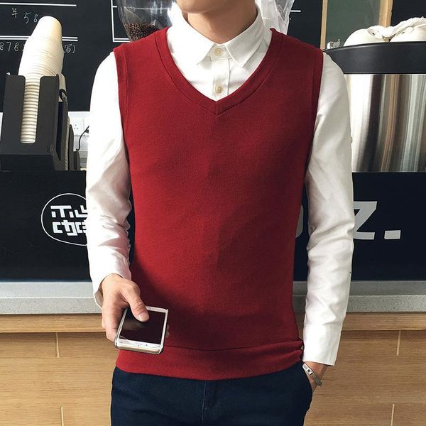 

5 color knitted pullovers men sleeveless vest men sweater autumn spring vintage sweater plain color streetwear male pullover, White;black