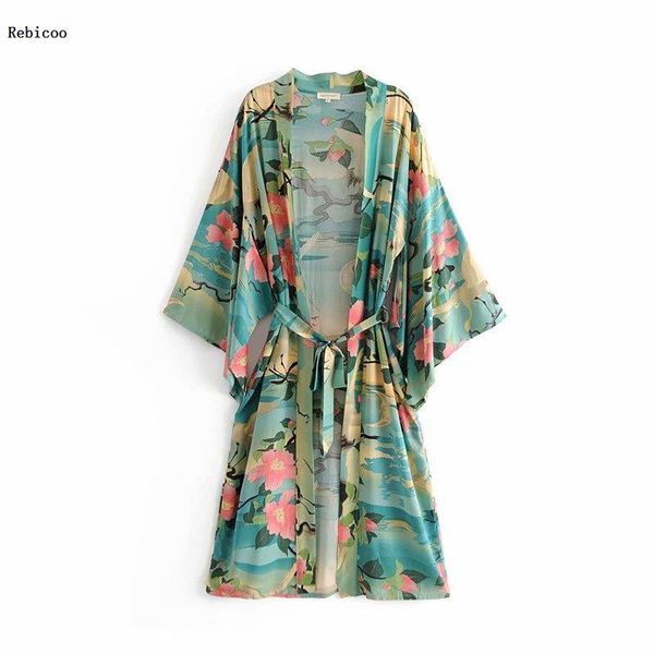 

plus size women blouse kimono floral print long sleeves blouse casual summer beach cover blusas mujer de moda, White