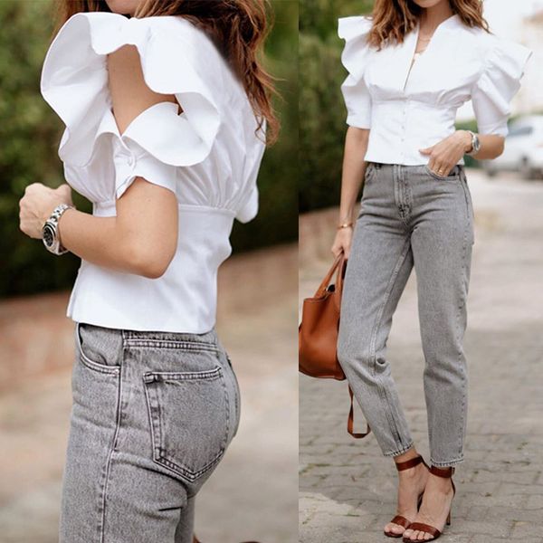 

celmia plus size summer women elegant ruffles blouses stylish shirts tunic v-neck casual solid party office ladies blusas, White