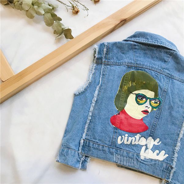 

2018 autumn new arrival cotton women all-match casual printing heavy washing cowboy vest coat for cute sweet baby girls and boys, Blue
