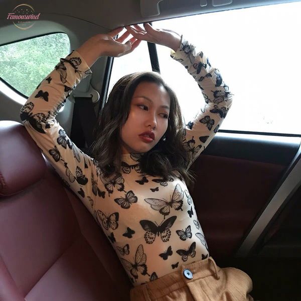 

exclusive harajuku autumn winter turtleneck long sleeve mesh butterfly print t shirt women camiseta transparente mujer, White