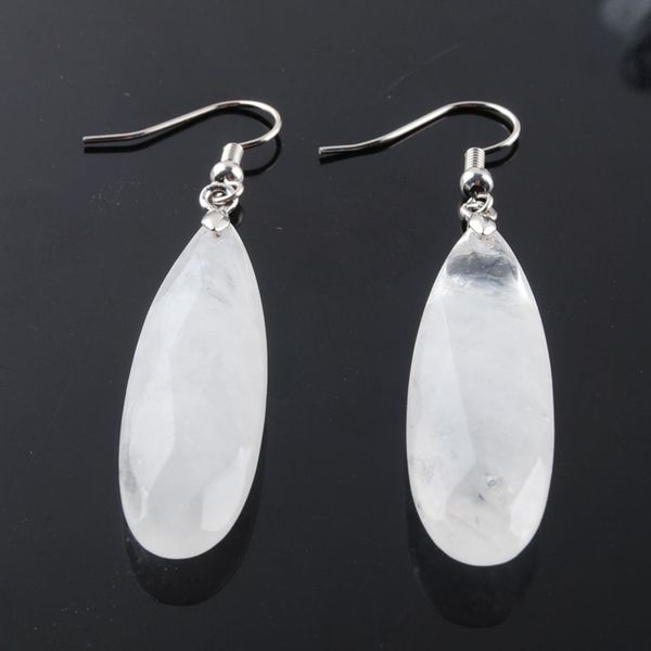 

wojiaer white crystal dangle hook earrings reiki natural gem stone beads drop earring vintage faceted polygon for female jewelry r3205, Silver