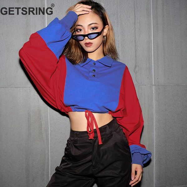 

getsring women sweatshirt color matching drawstring short tumblr sweatshirts turn-down collar casual short sweatshirts 2019 new, Black