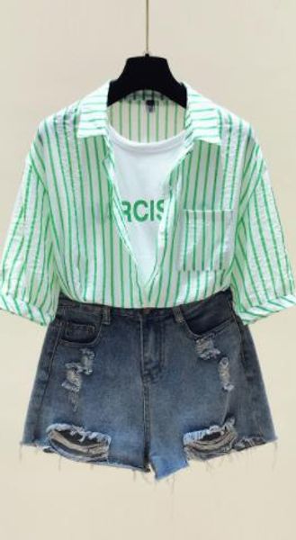 

fashion fake two-letter fresh short sleeve blouse new loose turn-collar stripe shirt for women in summer 2009, White