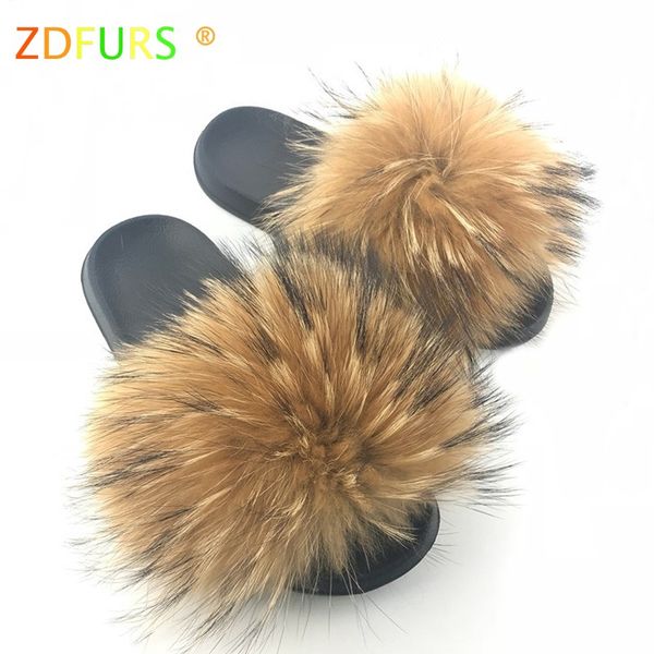 

zdfurs* 2019 women real raccoon fur slippers causal summer slides hair furry flip flops shoes scandals indoor outdoor, Black