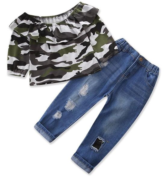 

fashion toddler baby girls off shoulder casual t-shirt ripped jeans denim pants outfits set 2-7t, White