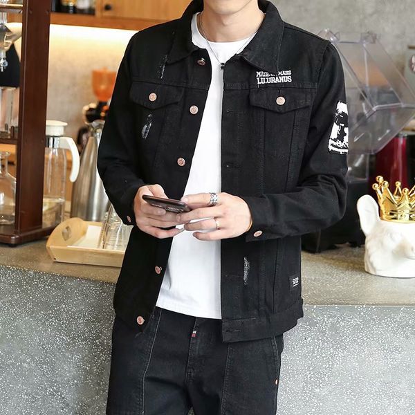 

autumn men's jacket slim fit patterned denim jacket fashion denim korean-style casual men's wear, Black;brown