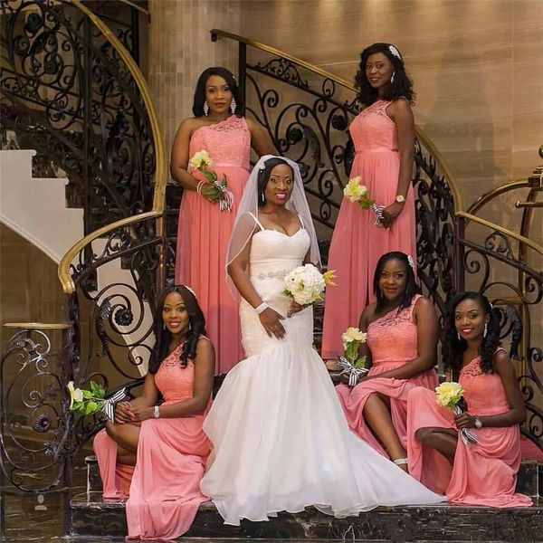 

one shoulder lace a-line long bridesmaids dresses split side custom sleeveless formal honor of maid robe de bridesmaid prom gowns, White;pink