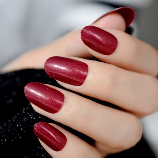 

shimmer red oval round false fake nails pure color dark red acrylic nails full daily wear press on nail 24pcs/set, Red;gold