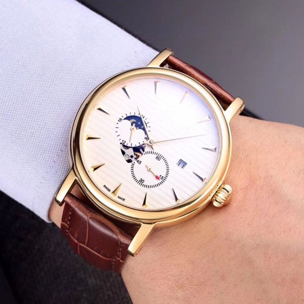 

luxury sports mens watch four-needle points cutout boutique automatic mechanical movement 316 stainless steel case imported leather strap, Slivery;brown