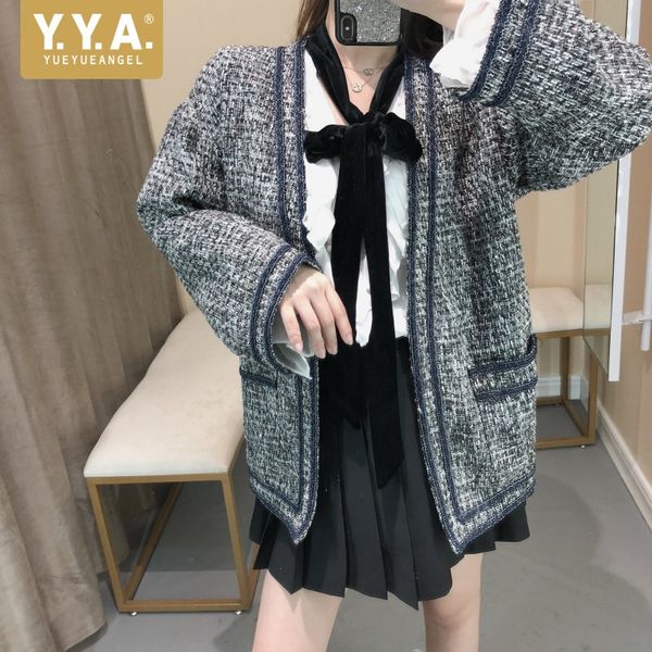 

женщины осень новый твидовый пиджак открыть стежка верхняя одежда пальто бренд дизайнер свободная посадка саржа средний длинный жакет v шеи, Black;brown