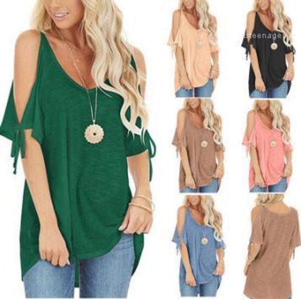 

tshirt fashion v neck casual solid off shoulder lace up tshirt simple style women summer clothing women summer clothes, White