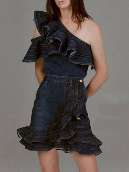 

skinny heavy craft ruffled oblique shoulder denim jacket + fishtail skirt suit 2020new ladies summer denim fishtail skirt suit, White