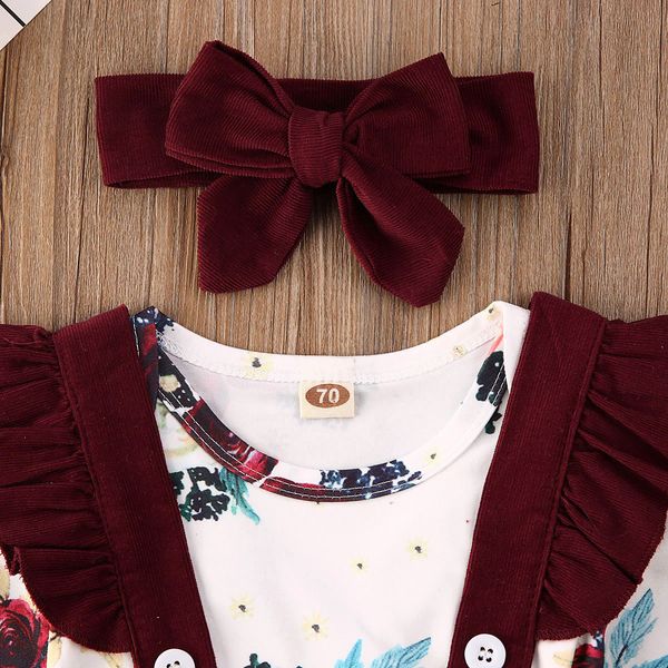 

spring 3pcs infant baby girl floral outfit clothes print romper+strap skirts dress headband autumn set, White