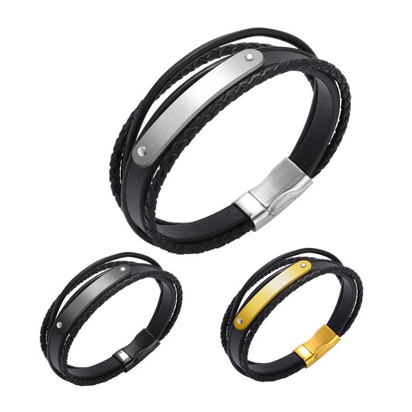 

roing trendy 3 layers black wrap leather bracelet for men women braided cuff stainless steel adjustable bracelet jewelry ro1280