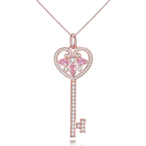 

key necklace pendant for women sterling 925 silver pink teenage heart cubic zirconia diamant multicolor fine jewelry accessories