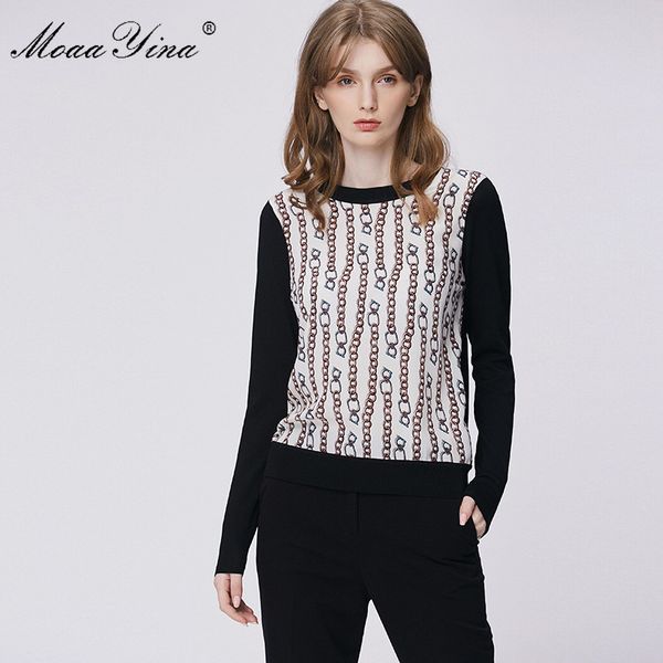 

moaayina fashion spring autumn long sleeve knitting women's elegant stripe print silk wool black sweater pullovers, White;black