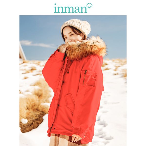 

inman 2019 new arrival autumn female hooded big fur collar loose short size down coat, Black